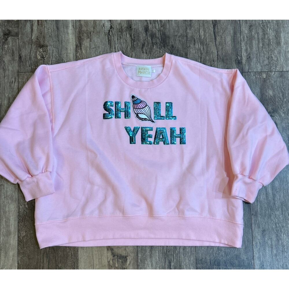 Judith March Shell Yeah Pink Pullover Crewneck Sequins Embroidered Retired Print